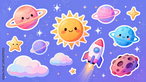 Cute cartoon space scene with planets sun rocket