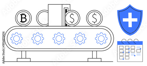 Cryptocurrency, automation, financial planning, digital security, fintech innovation, blockchain systems. Conveyor belt with coins and digital shield. Cryptocurrency and automation concept