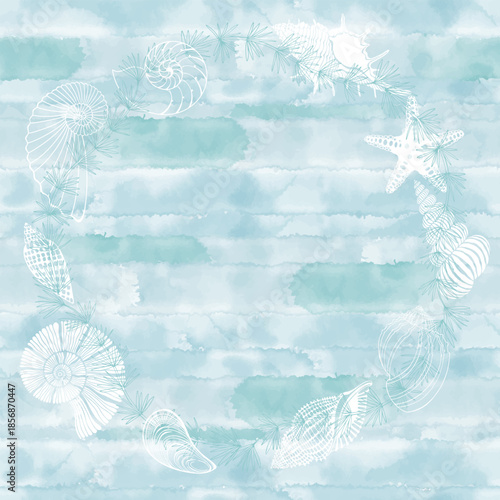 Round vector frame on a marine theme. Luxury design with shells, starfish, algae and place for text on blue watercolor. Template design for text, packaging and prints. 
