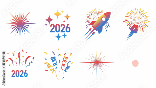 New Year 2026 celebration elements with fireworks, confetti, and rocket ship