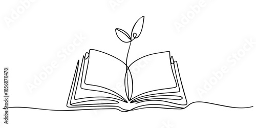 Opened book with branch of leaves corner frame. Continuous one line drawing, Opened book with sprout plant continuous one line drawing, Opened book with sprout plant in one continuous line drawing .