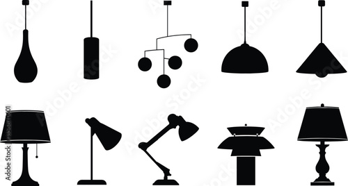 Modern lamp silhouettes set with ceiling pendant and table lights minimalist interior lighting illustration collection