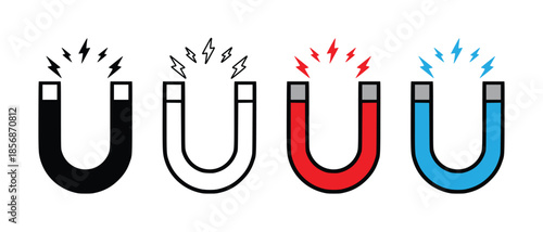 Four horseshoe magnets in black white red and blue demonstrating magnetic force vector set