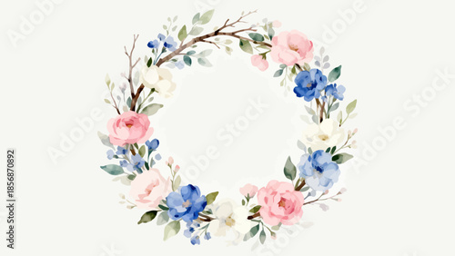 Floral wreath with pink blue and white flowers