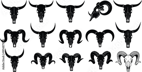 Black silhouette animal skull collection with bull, cow, ram, and goat horns vector set for rustic tribal western decoration design