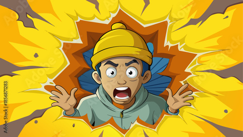Man emerging from yellow explosion with shocked expression