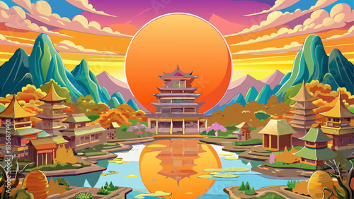 Serene asian village with pagoda at sunset