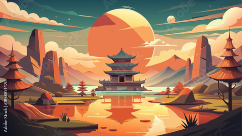 Serene asian landscape with pagoda and mountains