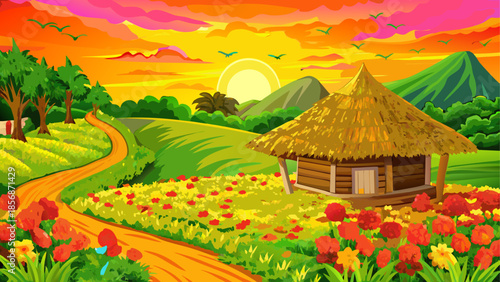 Beautiful rural landscape with cottage at sunset