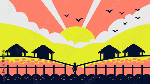 Person standing on fence at sunset in rural landscape
