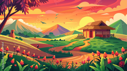 Peaceful rural landscape with cottage at sunset