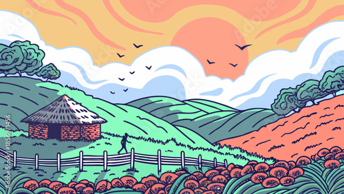 Serene rural landscape with cottage and fence