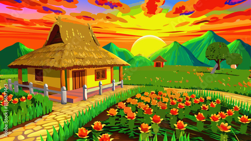 Beautiful village house with flower garden at sunset