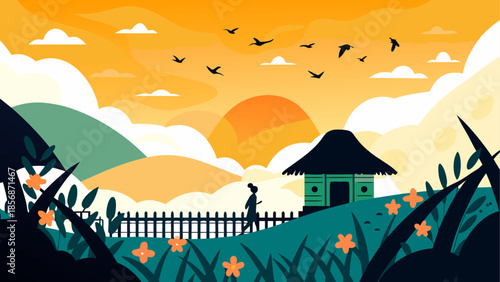 Serene landscape with person walking towards hut at sunset