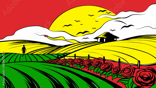 Serene landscape with house and roses under bright sun