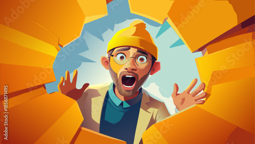 Man emerging from orange box with surprised expression