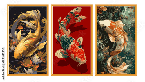 Elegant Japanese koi fish illustrations in a vibrant artistic style. Set of colorful carp swimming in dark and red backgrounds, perfect for Asian-themed posters and designs