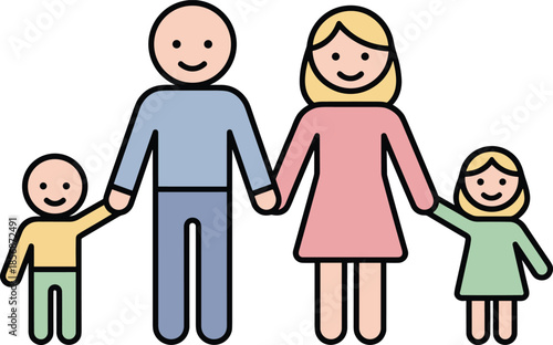Cartoon family illustration, happy parents and children holding hands, smiling faces, cheerful bonding, parenting, love, unity, family values, togetherness