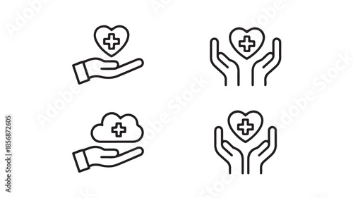Healthcare icons with hands holding heart and medical cross in minimalist line art style on white background for health and wellness branding