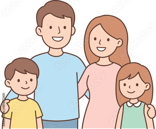 Cartoon family illustration, happy parents and children standing together, smiling faces, cheerful bonding, parenting, love, unity, family values, togetherness
