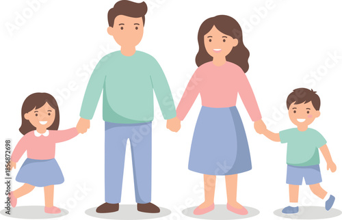 Cartoon family illustration, happy parents and children holding hands, smiling together, unity, love, cheerful bonding, parenting, family values, togetherness