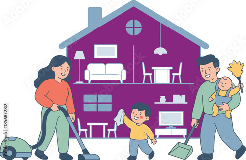 Happy family cleaning house together, teamwork in home chores, domestic harmony, parenting, household responsibility, cheerful lifestyle, modern interior, unity