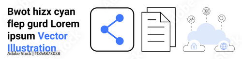 Cloud storage, file sharing, digital connections, data transfer, content management, collaboration tools. Icons of file, cloud with networking and sharing symbol. Cloud storage and file sharing