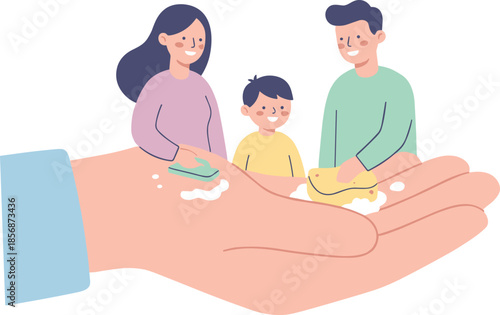 Cartoon family washing giant hand, teamwork hygiene concept, child-friendly illustration promoting cleanliness, health awareness, soap and sponge cleaning family washing giant hand, team