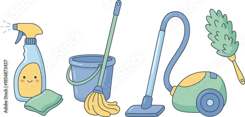 Cartoon cleaning tools set, cheerful spray bottle, vacuum, mop, bucket, feather duster, household hygiene concept, playful illustration