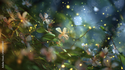 Delicate white flowers bloom among green leaves, surrounded by a soft glow of light. A blurred background enhances the dreamy atmosphere, evoking a sense of tranquility in a natural setting.