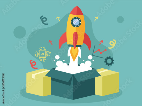 Modern flat vector illustration of a rocket launching from an open box, symbolizing startup launch, innovation, rapid business growth, and new ideas powered by artificial intelligence