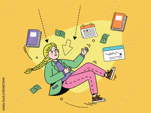 Woman falling backward while surrounded by flying money,wooks, a calendar with a marked date, and a financial chart showing a downward trend