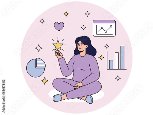 Flat vector illustration of a woman sitting calmly while holding a glowing star, symbolizing personal growth, achievement, motivation, and success