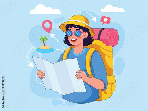 Vector illustration of a cheerful female traveler wearing a backpack and reading a map while exploring new destinations.