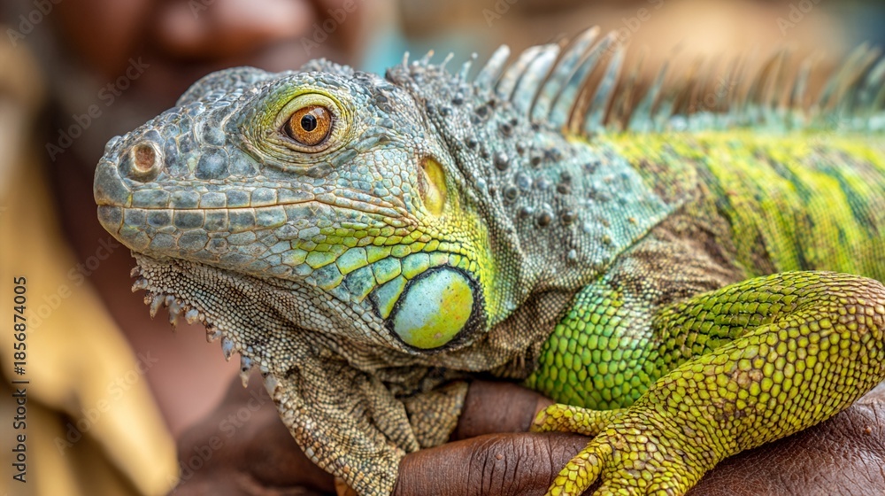Fototapeta premium Majestic green iguana with intricate scales and vibrant colors, showcasing detailed reptilian texture and mesmerizing eye in a close-up wildlife portrait that captures exotic natural beauty