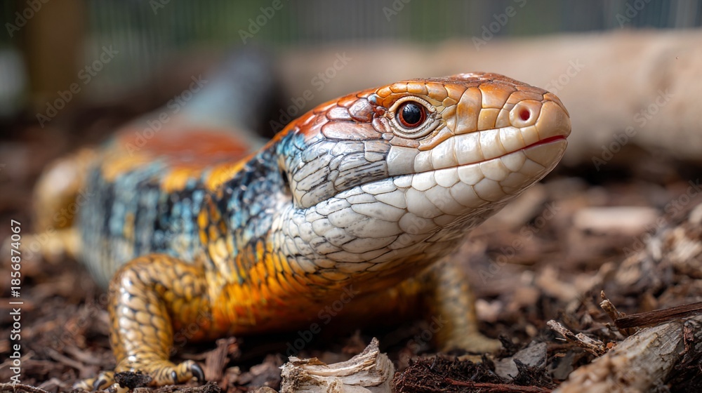 Naklejka premium Close-up of a vibrant reptile with intricate scales, showcasing the stunning texture and colors of a rare lizard species in its natural woodland habitat.