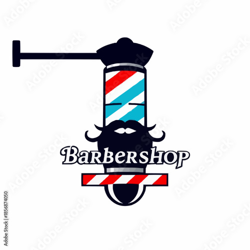 Vintage barbershop pole with mustache logo design in bold colors  