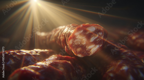 Sliced cured sausages (likely chorizo) are placed in low light with a strong light source creating lens flare in the background. The texture and fat marbling are visible in close-up.