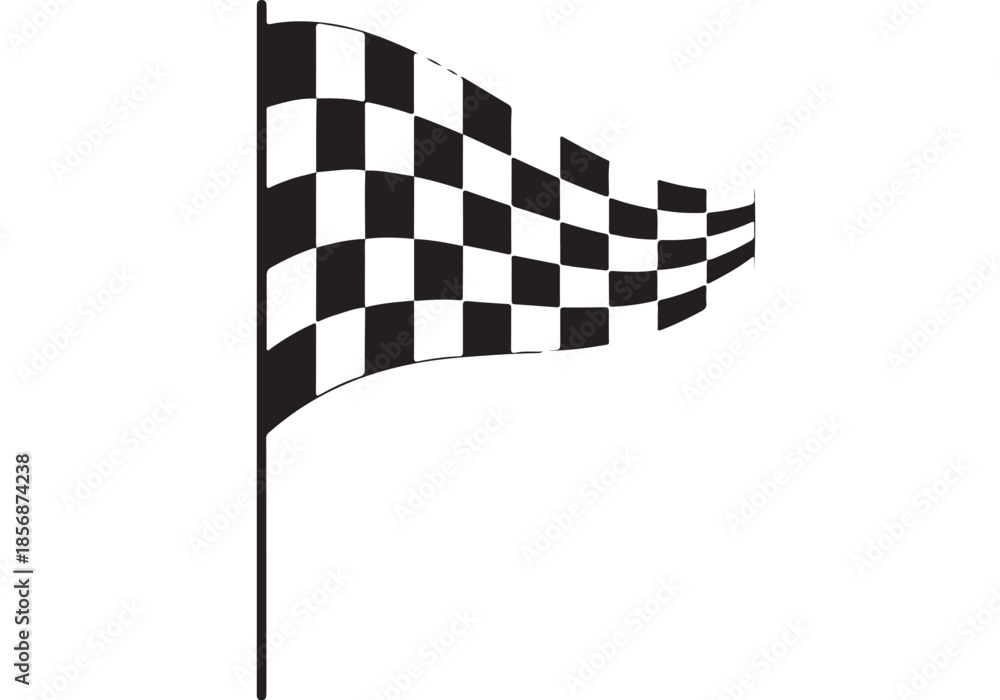 Fototapeta premium Racing checkered flag on a pole with a curved, waving motion (black and white vector silhouette)