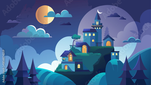 Mystical castle under night sky with moon and clouds