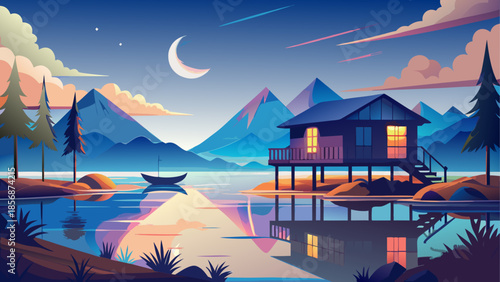 Serene lakeside cabin under moonlight with boat and mountains