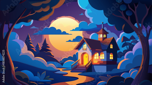 Cozy house under night sky with full moon