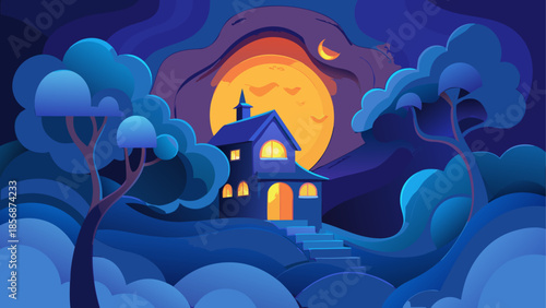 Mysterious church under night sky with full moon