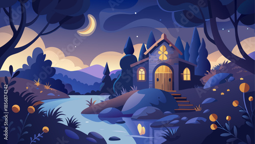Mystical house by the river under night sky