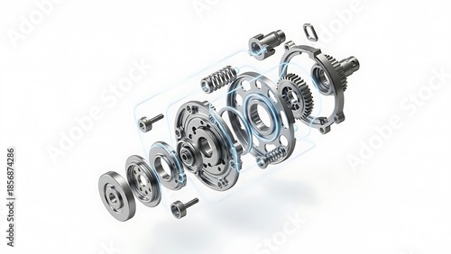 disassembled metal machine parts and gears on white background