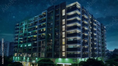 Nighttime Urban Apartment Building with Illuminated Balconies After Rain