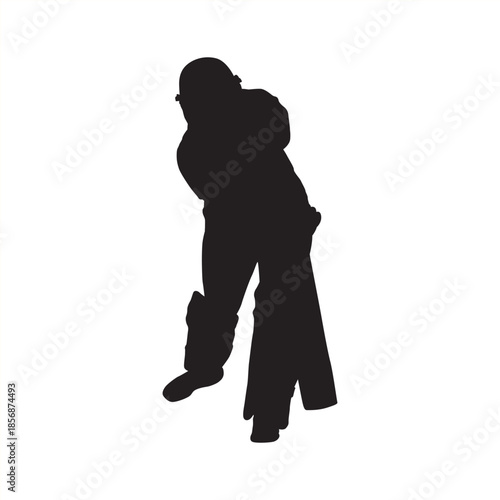 Cricket Batsman Silhouette in Ready Stance Isolated on White, Silhouette of Cricket Player Holding Bat in Defensive Position