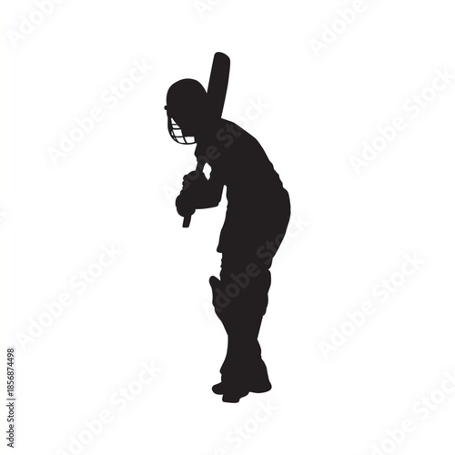 Cricket Batsman Swinging Bat Silhouette Isolated on White, Dynamic Silhouette of Cricket Player Batting Action