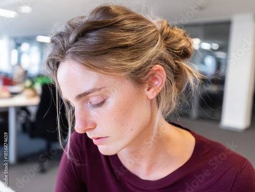 Overwhelmed office employee feeling mental fatigue at workplace