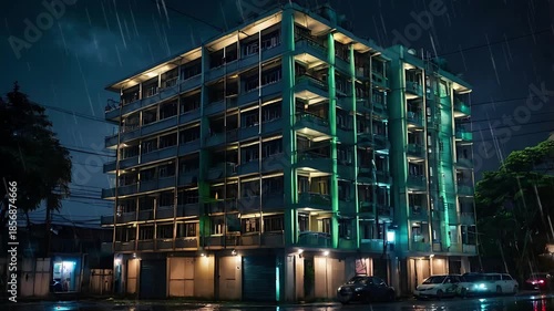 Nighttime Urban Apartment Building with Illuminated Balconies After Rain